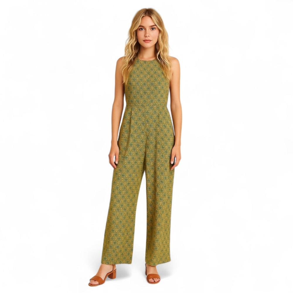 Molly Green Paisley Drapey Gold Halter Lace Up Back Jumpsuit Sz S